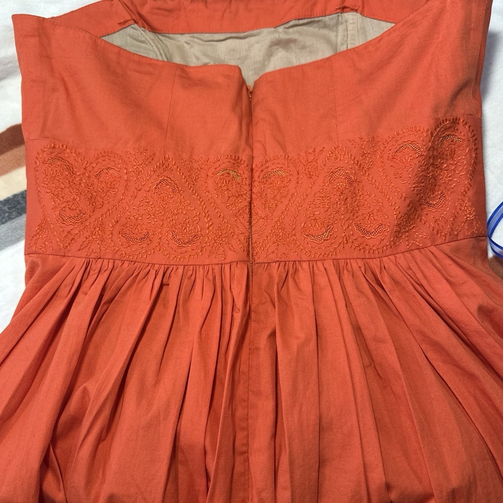 Plenty by Tracy Reese Orange Embroidered Strapless Cotton Midi Dress Size 8 - Picture 6 of 9